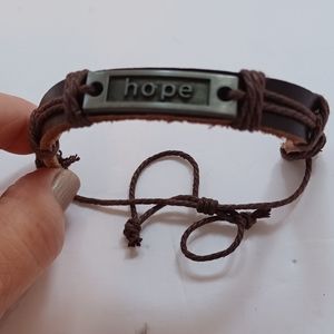 LEATHER BRACELET Unisex tie string  HOPE emblem hand crafted